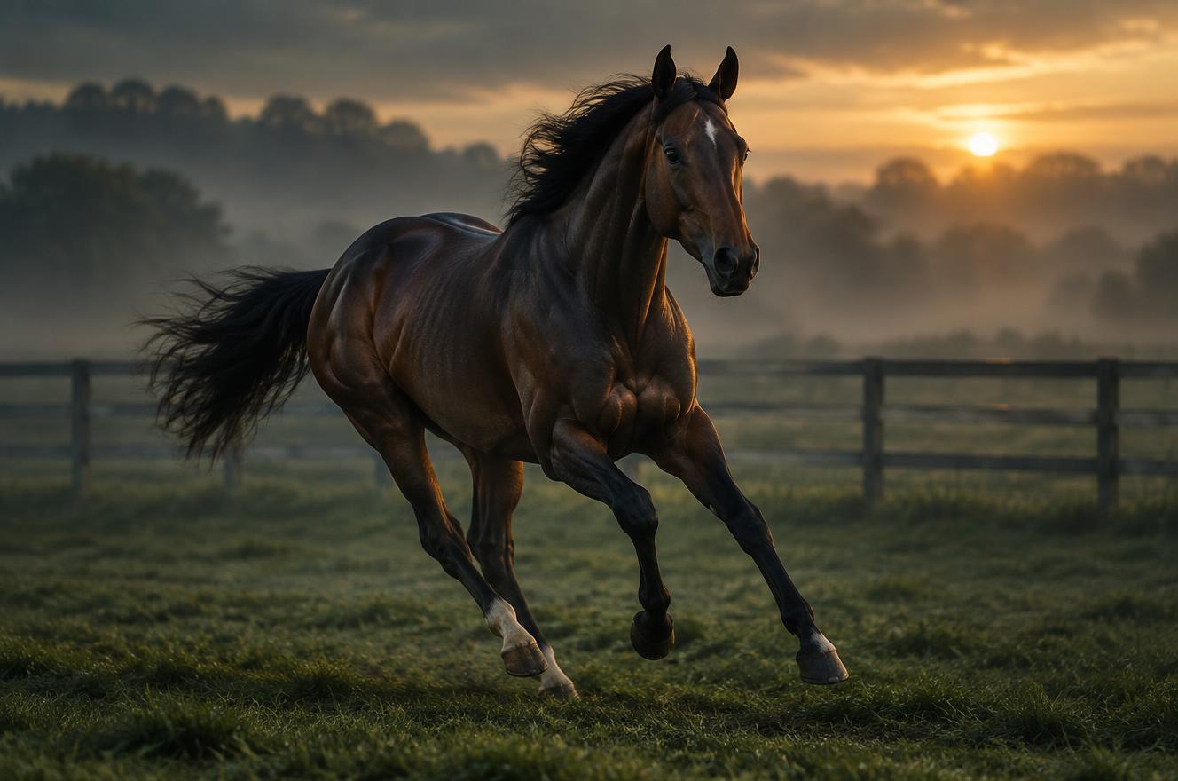 A young Thoroughbred racehorse in a paddock at dawn