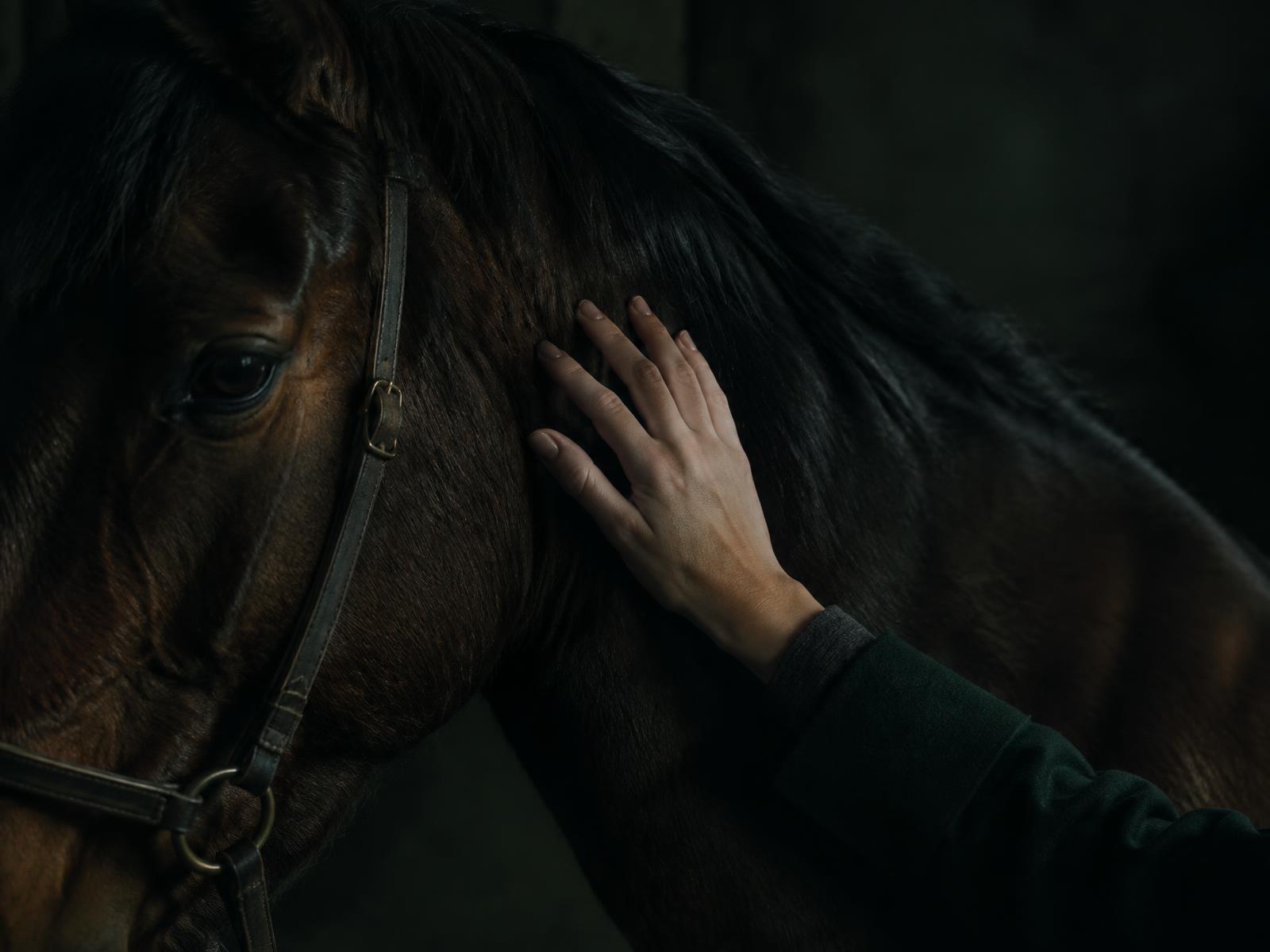 A hand resting on the neck of a dark bay horse
